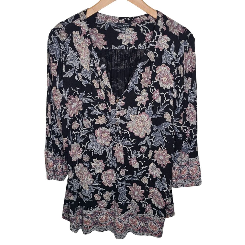 Lucky Brand‎ Top Womens Plus 2X Floral Blouse/Top Pull Over/ V-neck Lightweight